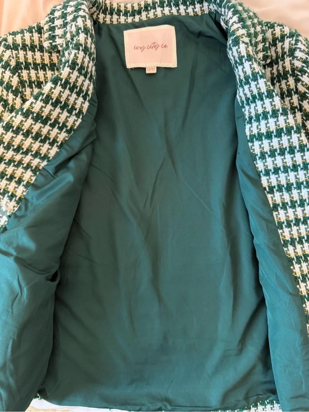 Ivy City Co Houndstooth Tweed Green and White Button Up Blazer Jacket for Girls
